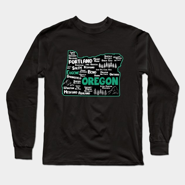 Cute map of Eugene Oregon, Portland, Salem, Springfield, Bend, Ontario, Medford Long Sleeve T-Shirt by BoogieCreates